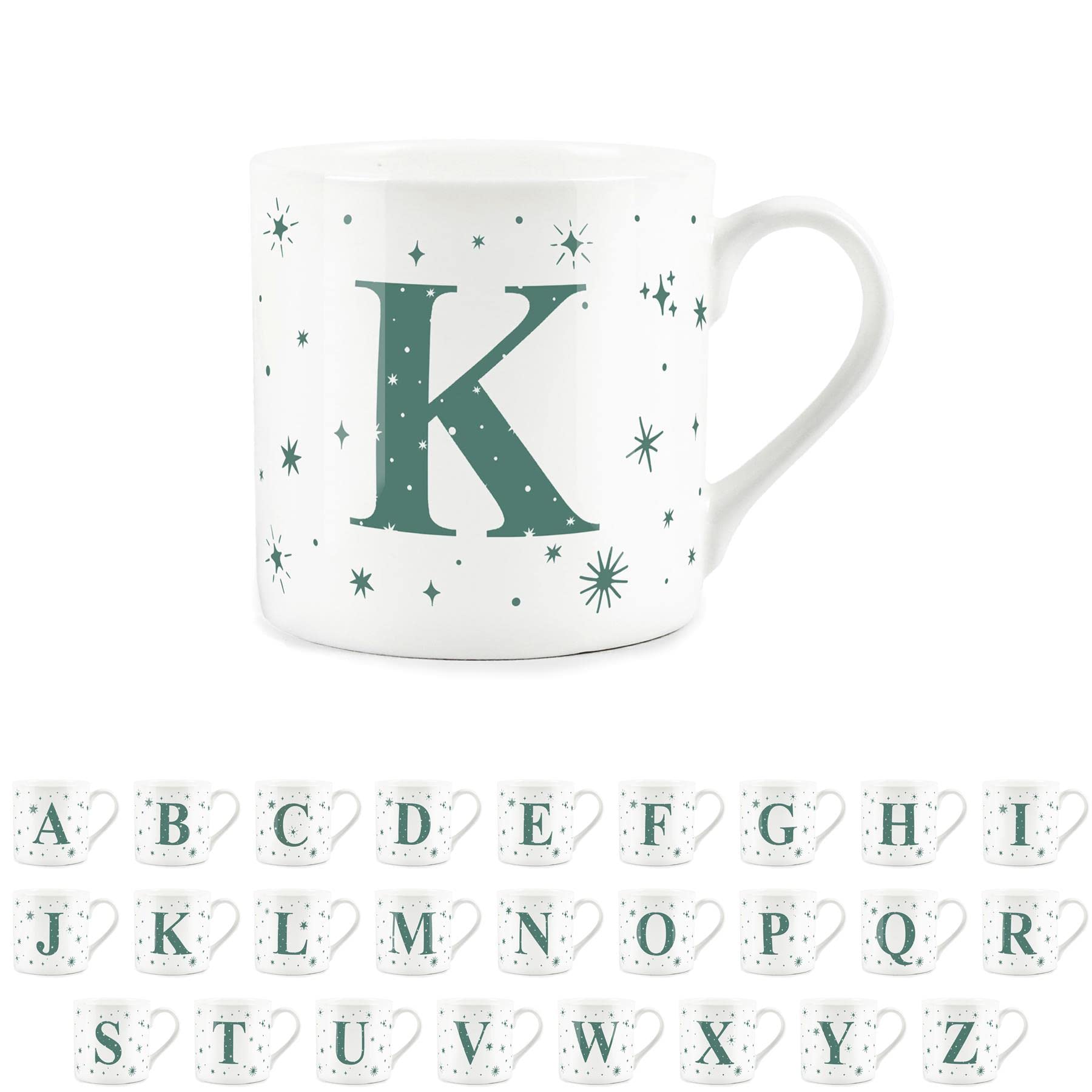 Purely Home Letter K Star Mug - Bone China White Coffee/Tea Present Gift - Alphabet Letter Mug with Stars in Teal Green Blue