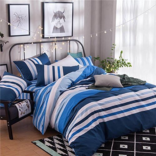 CocoQueen Navy Blue Stripe Reversible 4pc Duvet Cover Set 100% Cotton Queen/Full Size for Man Boy