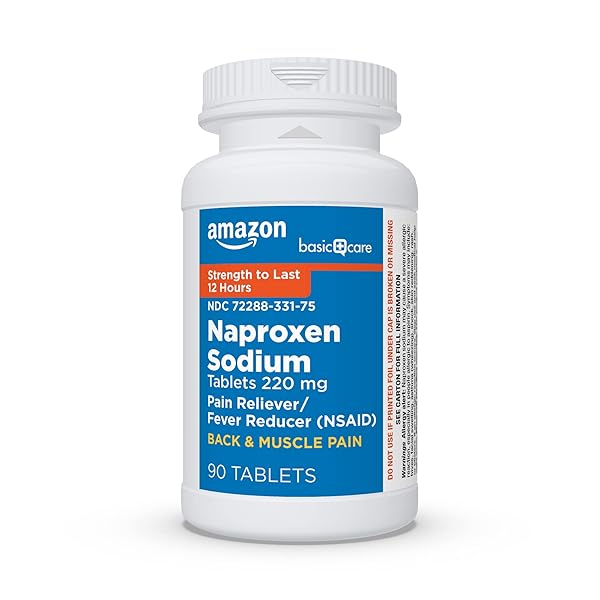 AMAZON BASIC CARE BACK AND MUSCLE PAIN, 220 MG NAPROXEN SODIUM TABLETS, 12-HOUR PAIN RELIEF, HEADACHE, ARTHRITIS, MENSTRUAL CRAMPS, FEVER REDUCER, 90 COUNT