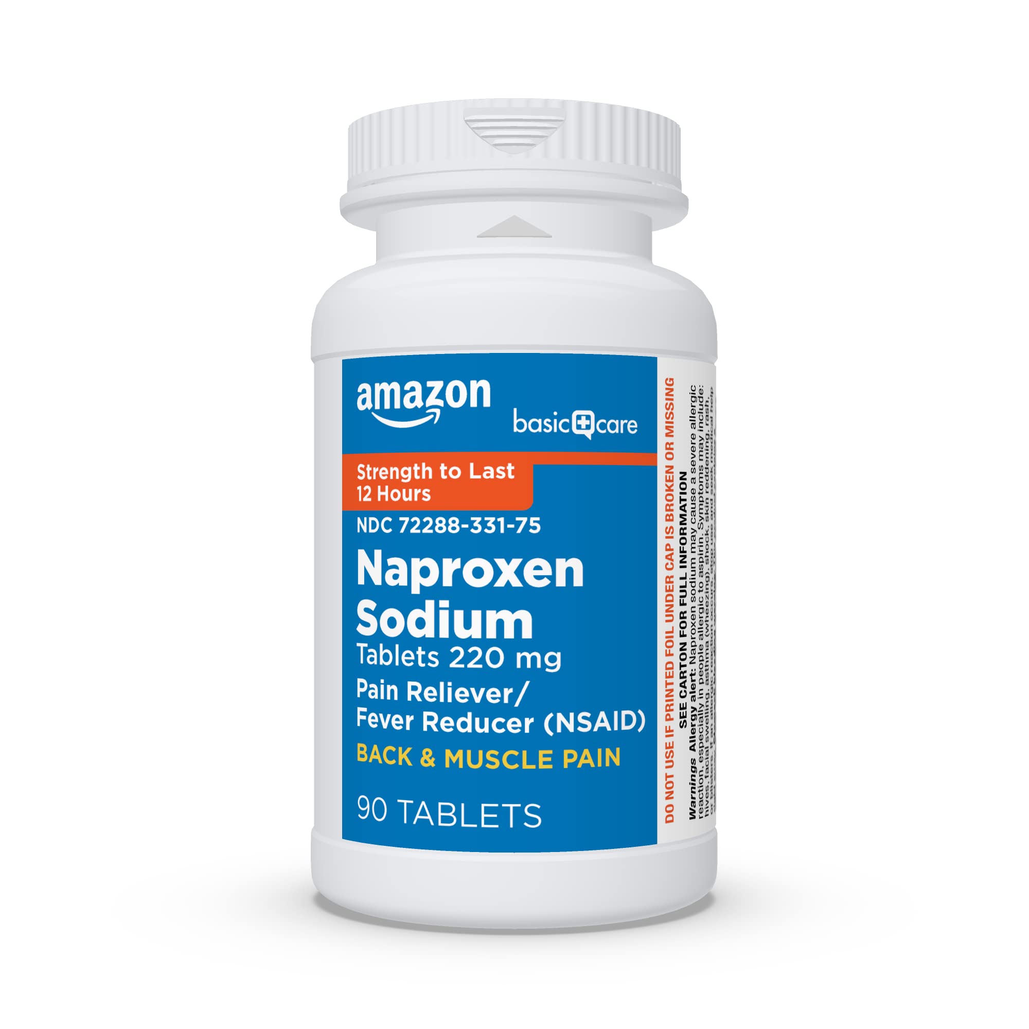 Amazon Basic Care Back and Muscle Pain, 220 mg, 12-Hour Pain Relief, Naproxen Sodium Tablets, Pain Reliever and Fever Reducer, 90 Count