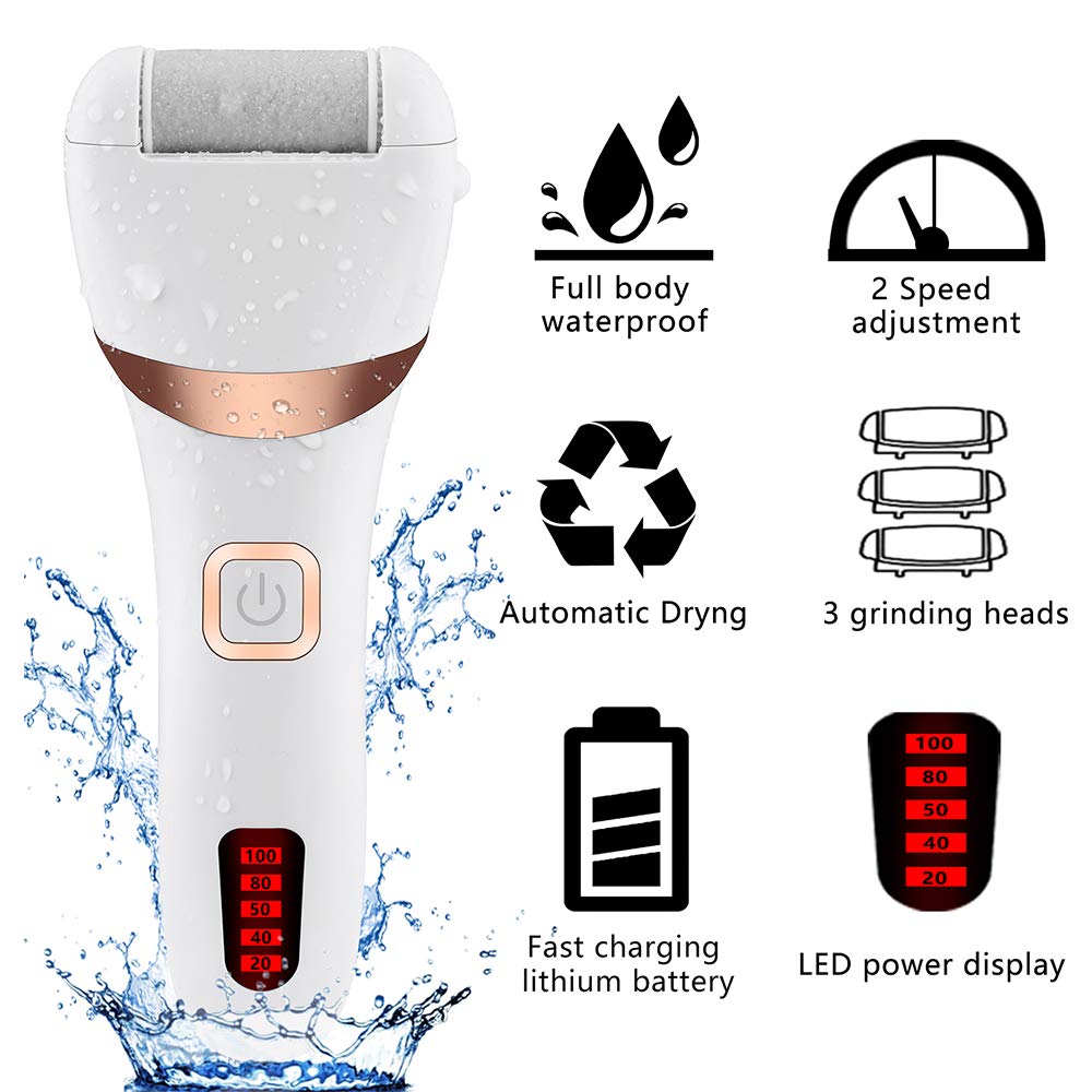 Electric Foot Callus Remover Kit, ELMCHEE Rechargeable callous removers 3 Grinding Heads Portable Waterproof foot file, Professional Feet Care Perfect for Dead, Hard Cracked Dry Skin : Beauty