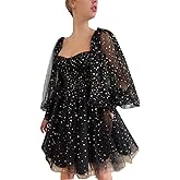 Xijun Sparkle Starry Tulle Homecoming Dress for Teens Puffy Sleeve Prom Dress Formal Evening Gowns with Pockets