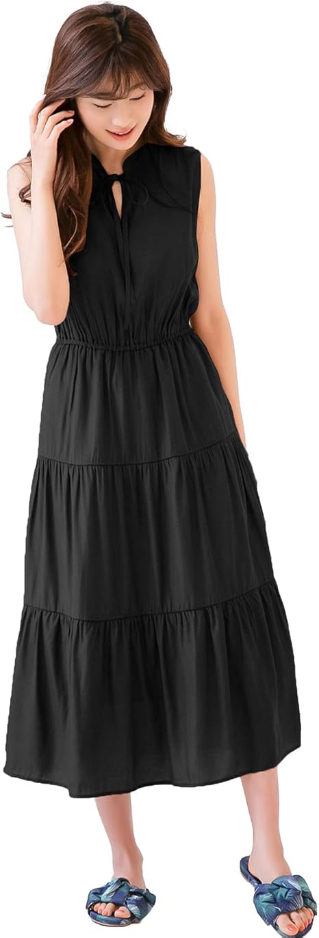 Amazon Co Jp 神戸レタス ウエストゴム ネックリボン プチハイネック ティアード ワンピース E67 レディース ワンサイズ M ブラック 服 ファッション小物