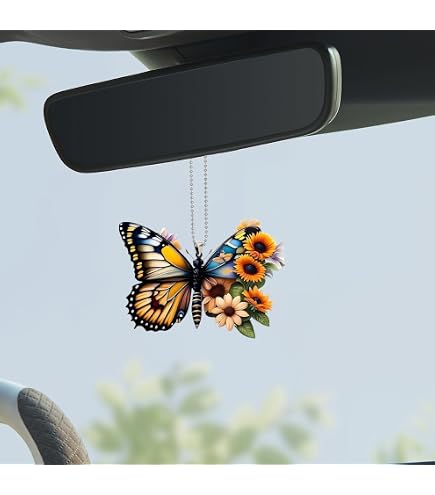 Bling Butterfly Diamond Car Mirror Hanging - Crystal & Plush Ball Charm For Women's Car Decor - View #11