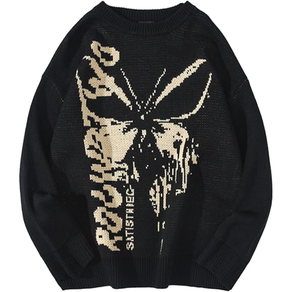 Y2K grunge shaggy Knit 00’s boarder L Grunge Gothic Black Skull Print Sweater Women Harajuku Punk