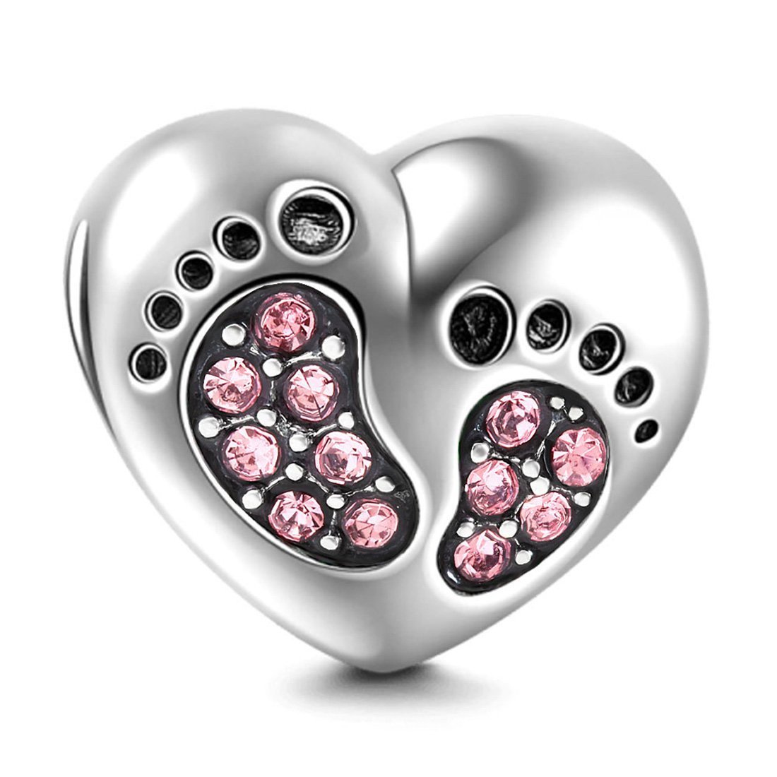 Footprint Charm 925 Sterling Silver Heart Baby Foot Charm Birthday Charm Birthstone Charm Heart Charm Anniversary Charm for Pandora Charm Bracelet (Pink)