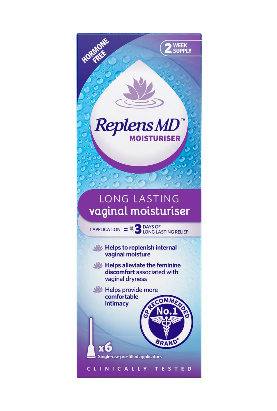 Replens Long Lasting Vaginal Moisturiser, Up to 3 days of long-lasting relief from vaginal dryness, Relieves Discomfort, Hormone Free, Clinically Tested, Pack of 6 Pre-Filled Applicators