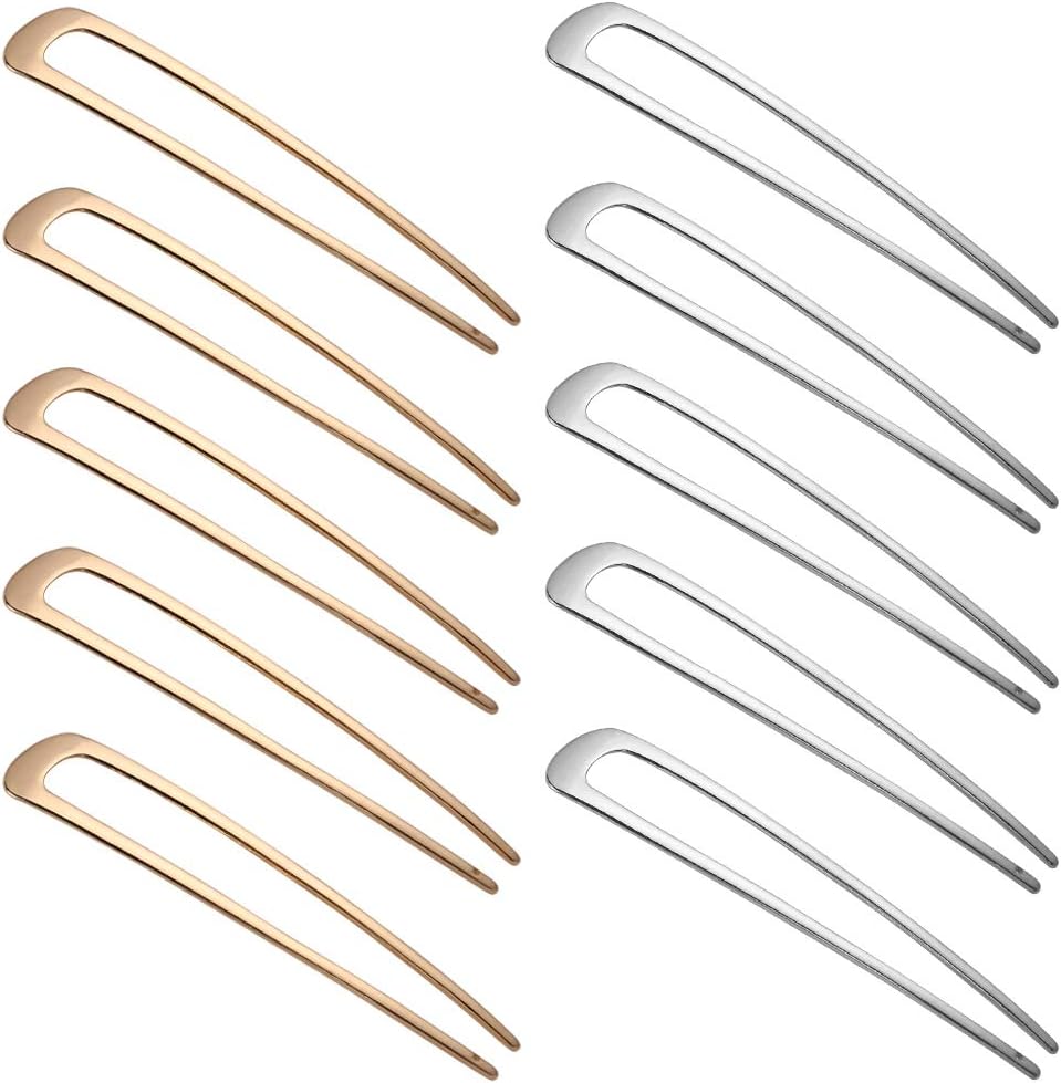 hellomagic 10 Pack Metal U Shaped Hairpins Hair Fork Hair Stick Hair Comb Updo Chignon Pin for Hair Accessories,Gold and Sliver