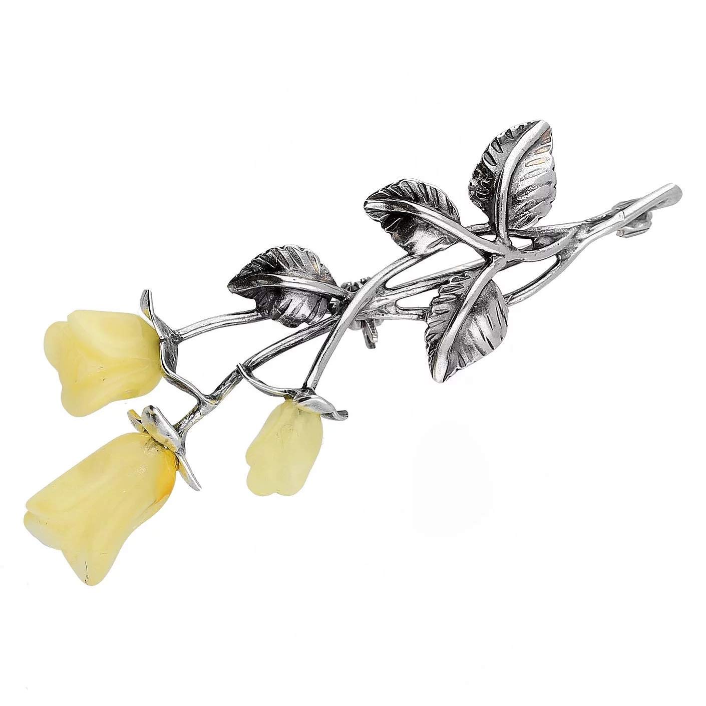 Triple Rose Oxidised Silver Brooch in Milk Cream Amber in Vintage Style for Women - 925 Sterling Silver
