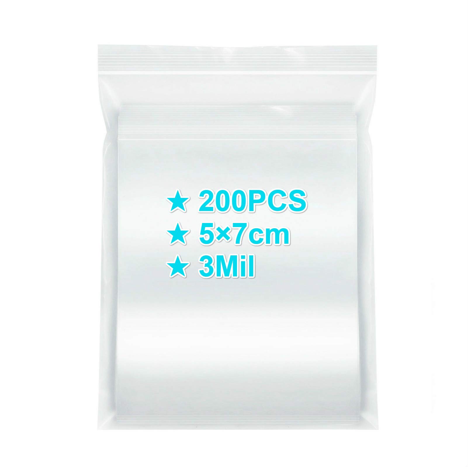 Small Ziplock Bags 5×7cm, 200PCS, 3 Mil Extra Thick Clear Plastic Resealable Bags with Lock Seal Zipper, Storage Pouches Grip Seal Bags for Jewelry Coins Pills Packaging