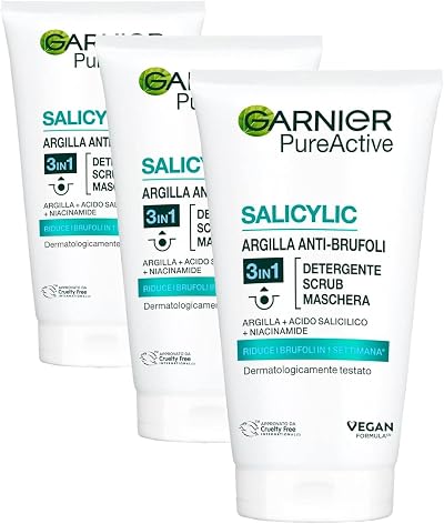 Garnier Pure Active 3in1 Clay Mask Wash Scrub 150ml Pack of 3