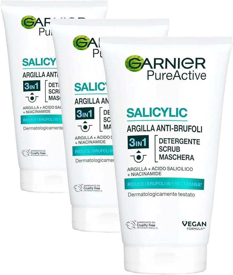 Garnier Pure Active 3in1 Clay Mask Wash Scrub 150ml Pack of 3