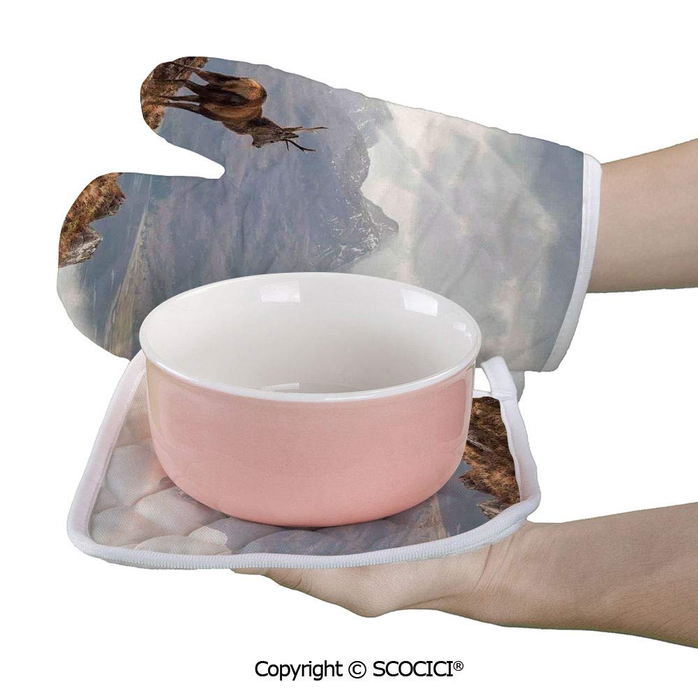 SCOCICI Oven Mitts Glove - Wild Stag Overlooking Loch Torridon and Dramatic Western Ross Mountain Nature Heat Resistant, Handle Hot Oven Cooking Items Safely