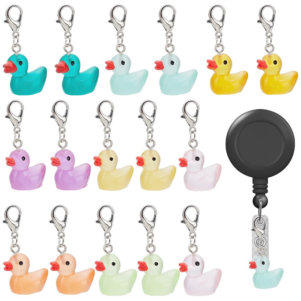 WEBEEDY 16 Pieces Badge Reel Charm for Student Nurse Teacher, Mini Duck Badge Holder Charms Glow in Dark for ID Card Name Tag Badge Holder Badge Buddy Office School Graduation Supplies, 8 Colors