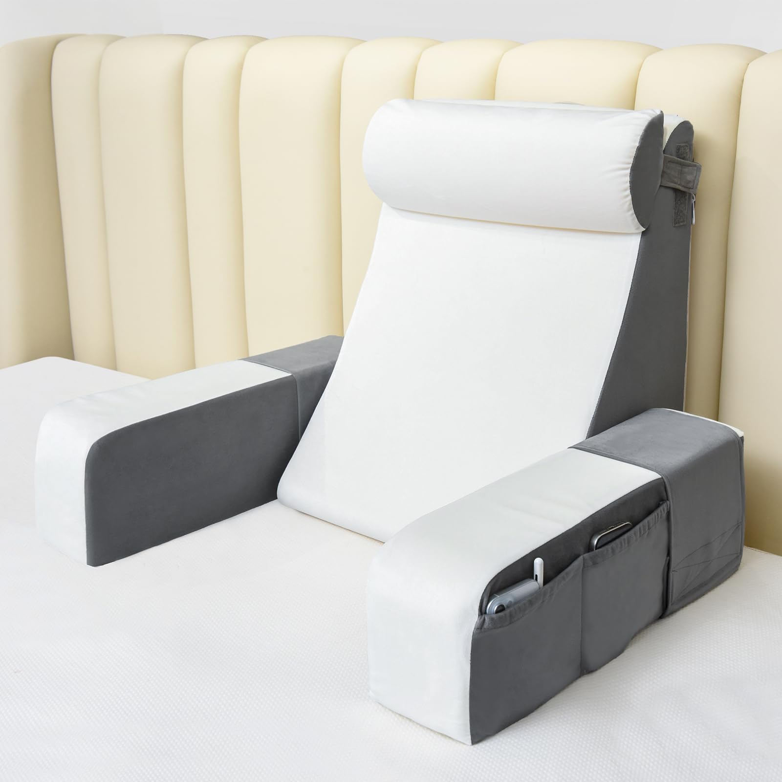 Photo 1 of Vekkia 21" Reading Pillow with Adjustable Arms & Headrest – Zoned Foam Support, XL Side Pockets, Removable Cover, Back Support Chair for Reading, Gaming, Post-Surgery Recovery in Bed or Floor