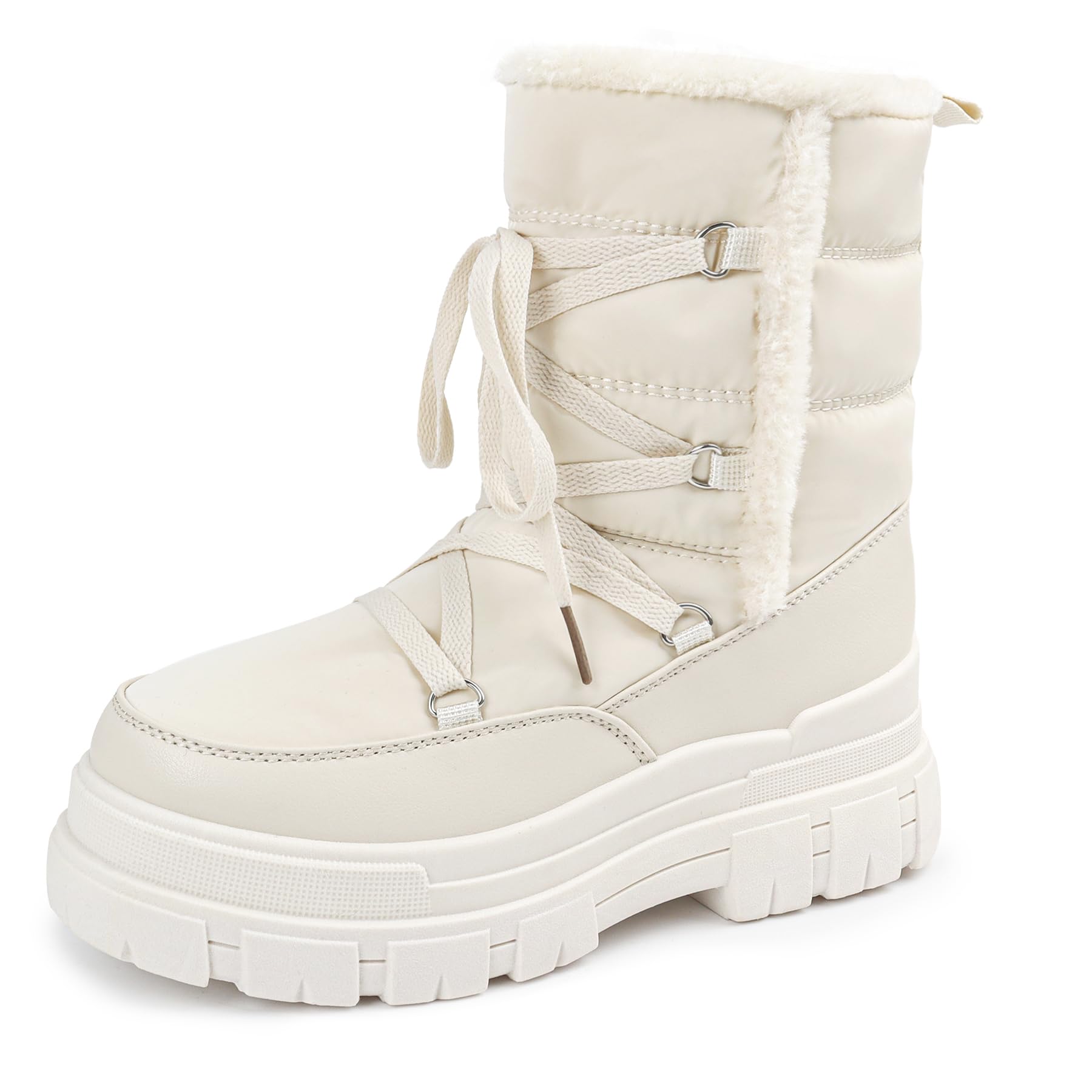 Photo 1 of Snow Boots for Women Waterproof Winter Boots – Warm Insulated Mid Calf Boots with Faux Fur Lining, Lace-Up and Side Zipper – Non-Slip Thick Sole Womens Snow Shoes, Botas de Nieve para Mujer – White,7