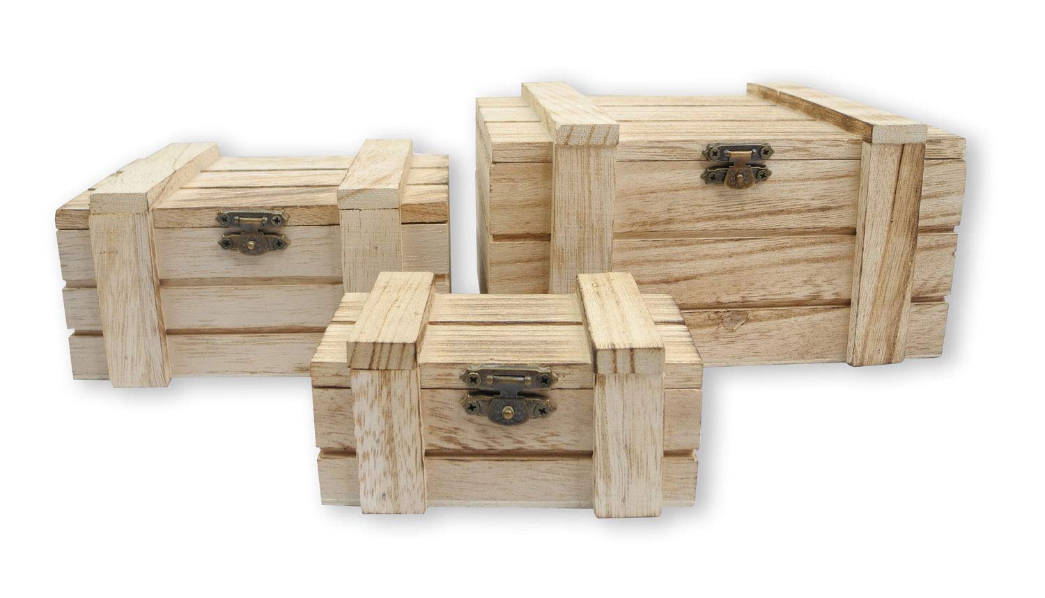Rectangular Wooden chests, Set of 3, Treasure chests in 3 Different Sizes with hinged lid and Hinge, for Storage, Decoration or as a Gift.