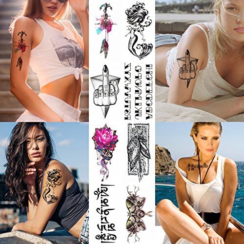 8 Sheets Tribal Temporary Tattoo Sticker For Women Girls Models Adults - Waterproof Long Lasting Body Art Makeup Sexy Realistic Arm Tattoos - Flower Hands Feather Alphabet Mermaid Butterfly