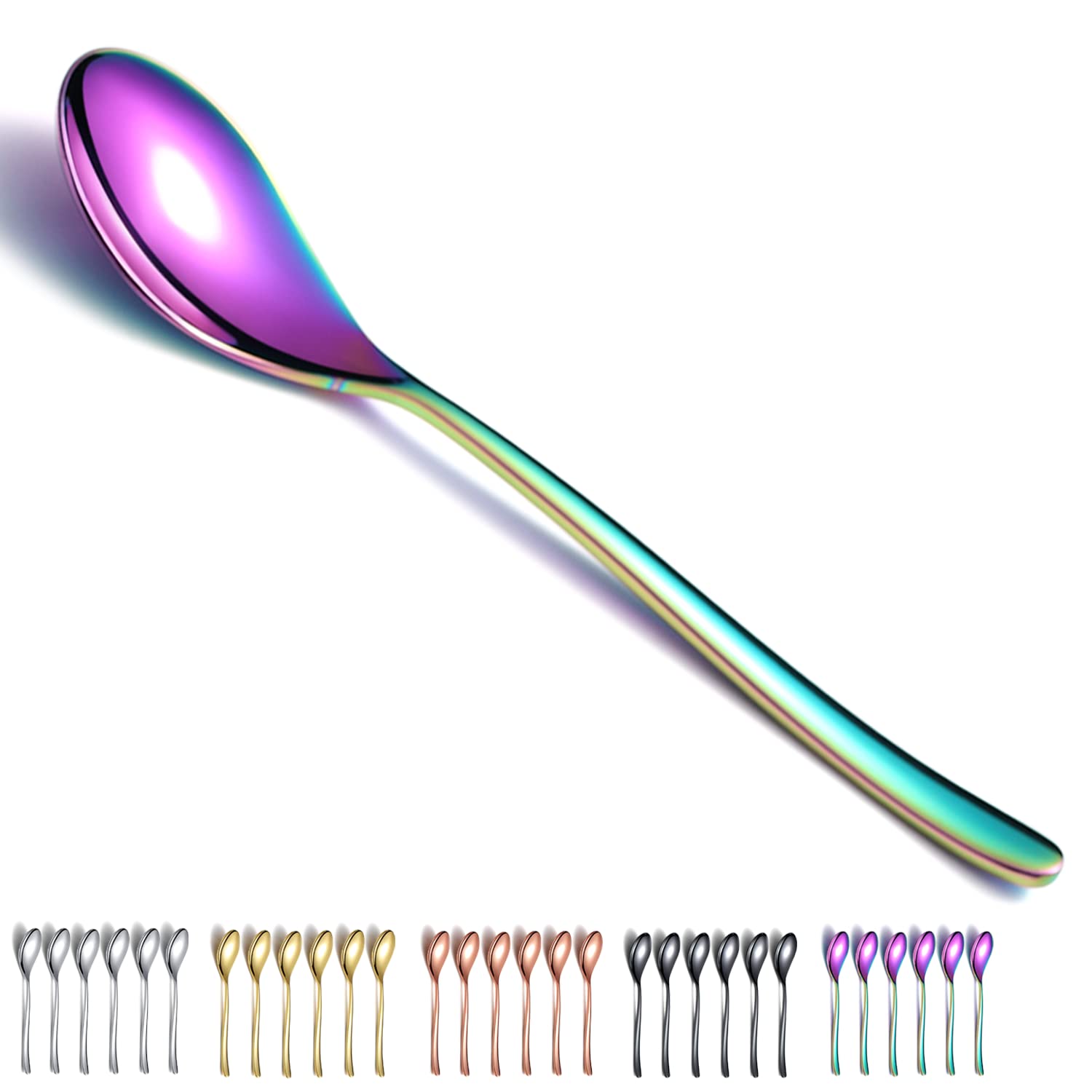 Rainbow Dinner Spoons 6 Pieces, Kyraton 21.5 cm Stainless Steel Titanium Plating Rainbow Table Spoons, Soup Spoons Silverware Set Sturdy Easy to Clean, Dessert Spoons, Dishwasher Safe