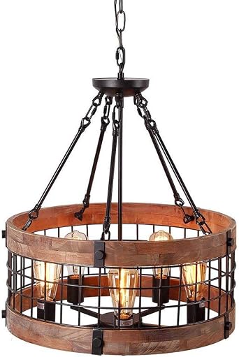 Rustic Farmhouse Chandelier 5 Lights Vintage Industrial Circular Wood Frame Metal Cage Pendant Light Decorative Lighting Fixture For Restaurant Cafe Bar Amazon Com
