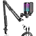 Fifine Gaming Microphone for PC Computer, USB Streaming Condenser Mic Kit with RGB, Quick Mute, Gain Knob, Boom Arm Stand, Po