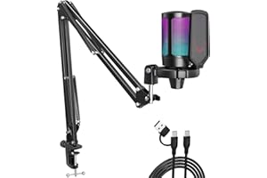 Fifine Gaming Microphone for PC Computer, USB Streaming Condenser Mic Kit with RGB, Quick Mute, Gain Knob, Boom Arm Stand, Po