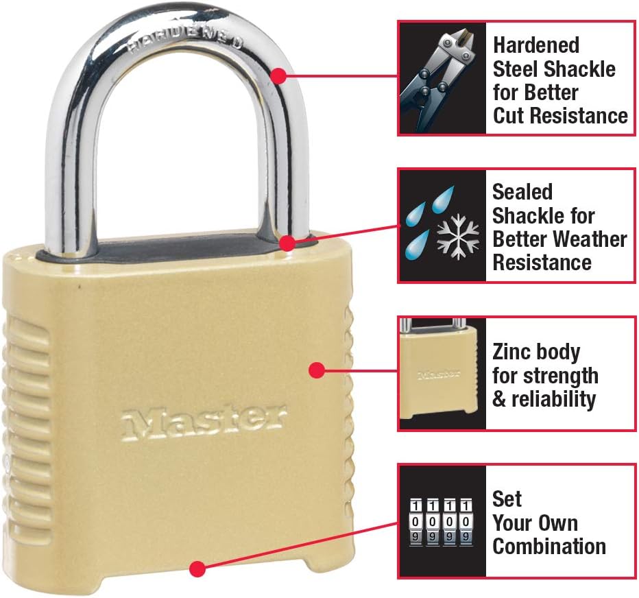 Master Lock 875D Heavy Duty Outdoor Combination Lock, 2 in. Wide, Brass Finish - - 