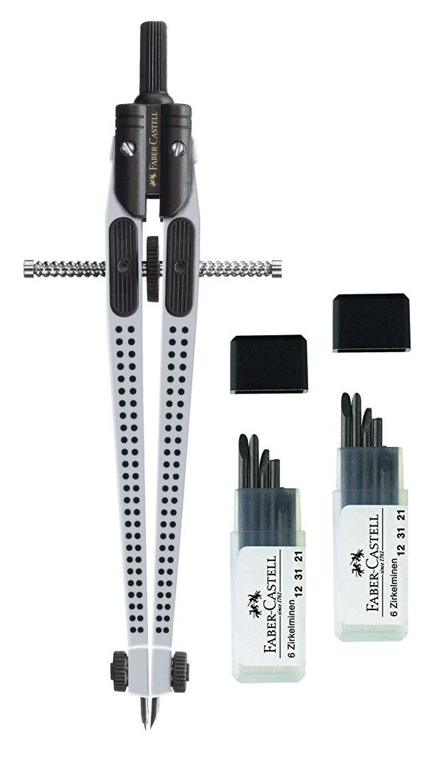 Faber-Castell Grip 2001 174472 Compass Set Silver with 2 Packs of Faber Castell Compass Leads - 2 x 6 Tin Leads