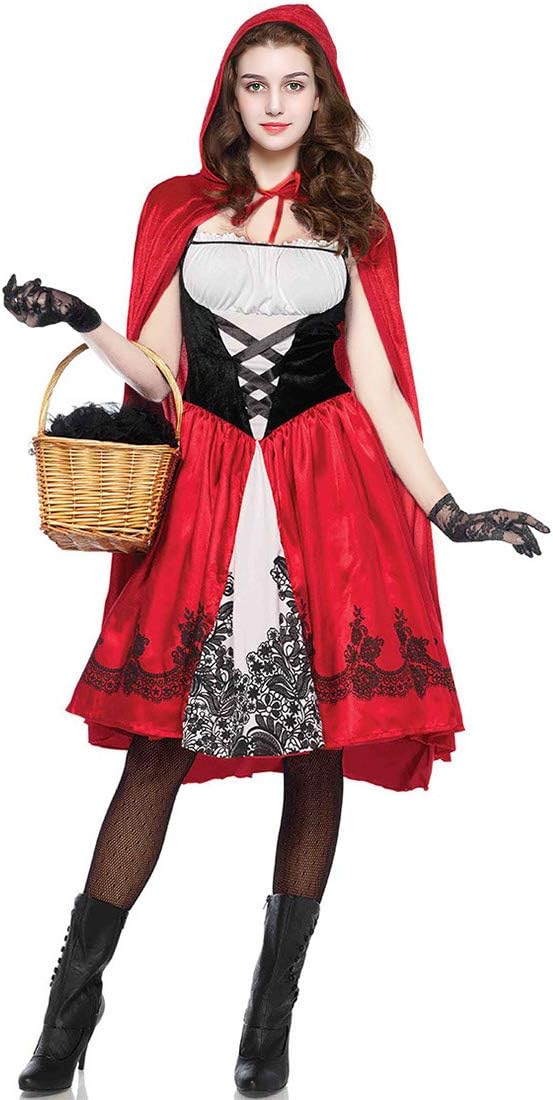 Women's Little Red Riding Hood Costume Cosplay Halloween Costume Knee Length Skirt and Removable Hood Cape