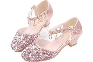 GOJERP LFHT Little Kids Girls Dress Pumps Glitter Sequins Princess Low Heels Mary Jane Party Dance Shoes Rhinestone Sandals