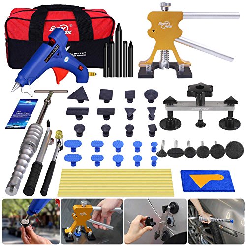 Super PDR 43pcs Car Dent Puller Paintless Dent Repair Tools kit - Dent Bridge Puller Kit Golden Dent Lifter with Hot Melt Glue Gun Glue Sticks for Car Body Dent Repair