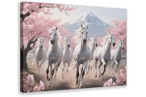 Seven Horses Running Canvas Wall Art, Pink Lucky White Horse Canvas Poster,Bedroom Decor,Office Room,Bathroom Decor, Wall Art