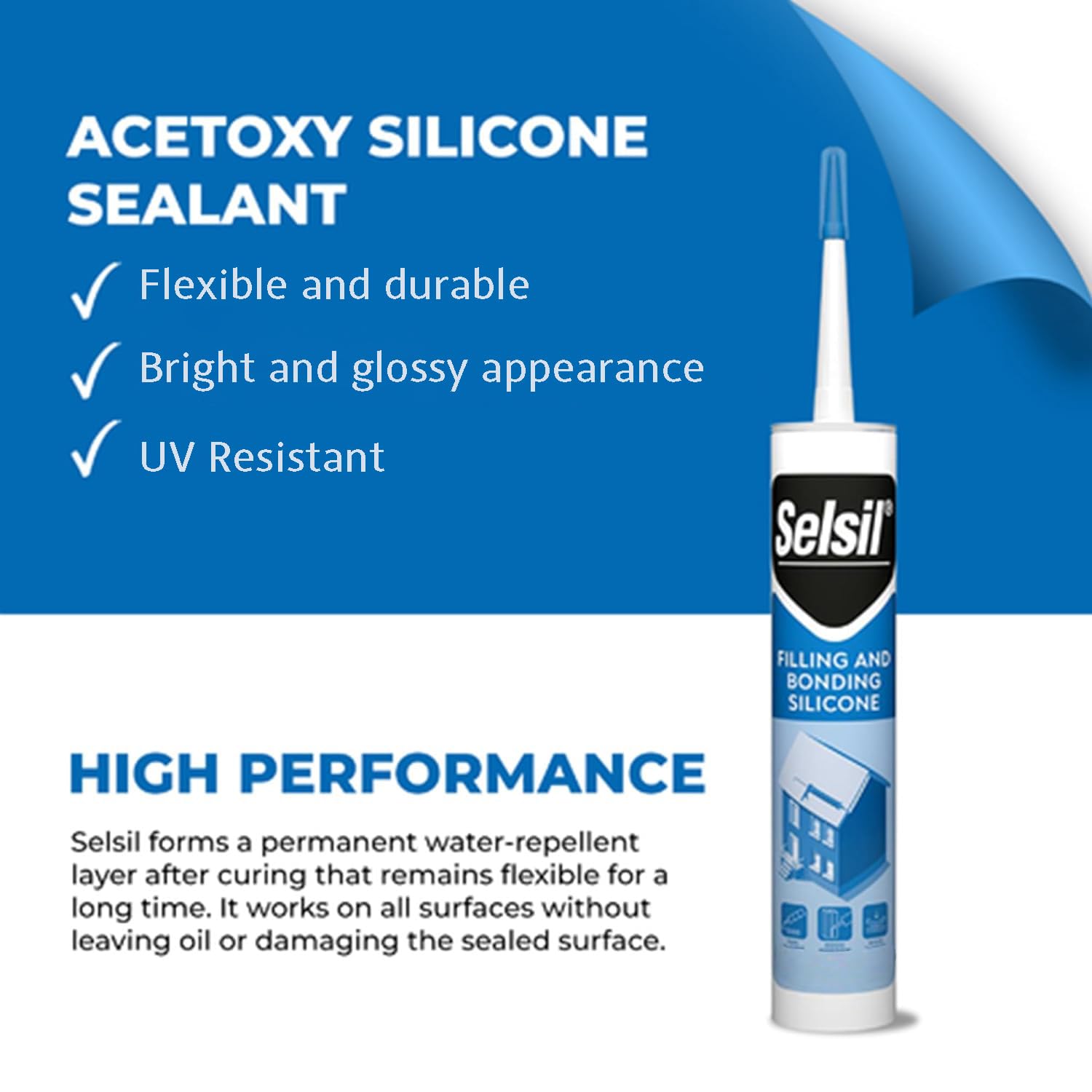 Selsil White Silicone Sealant - Waterproof, 100% Silicone, 10.1 Fl Oz Cartridge, UV-Resistant, for Indoor and Outdoor Use, Great Elasticity, Solvent-Free, 1 Pack