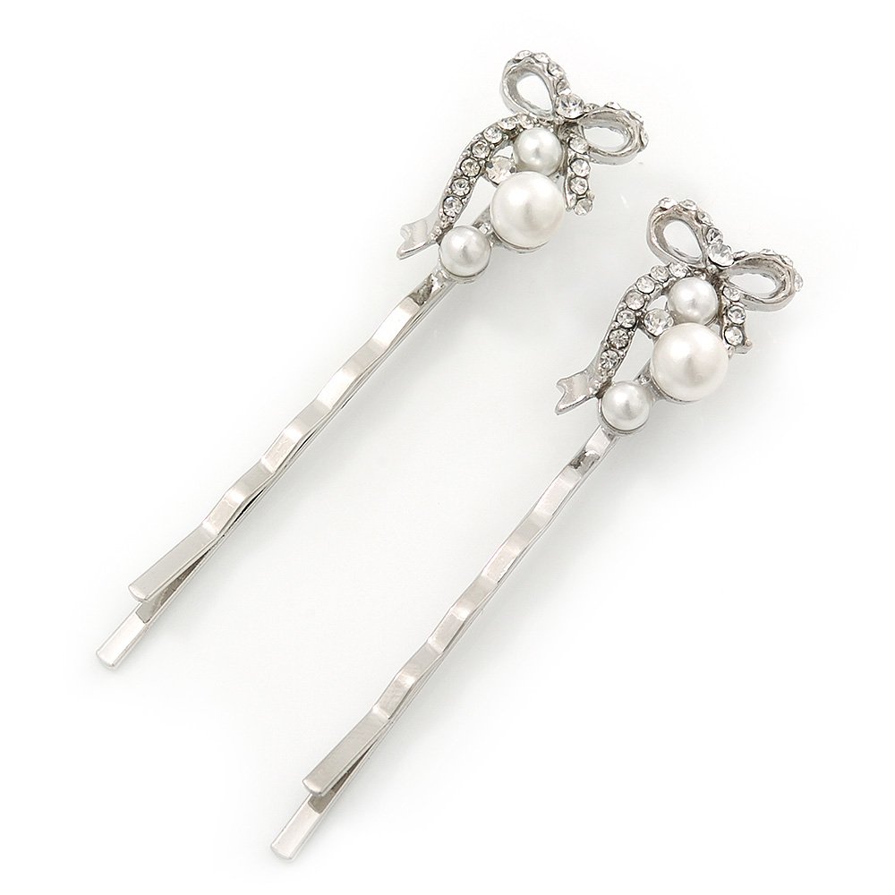 Pair Of Clear Crystal, Simulated Pearl Bow Hair Slides In Rhodium Plating - 55mm Length