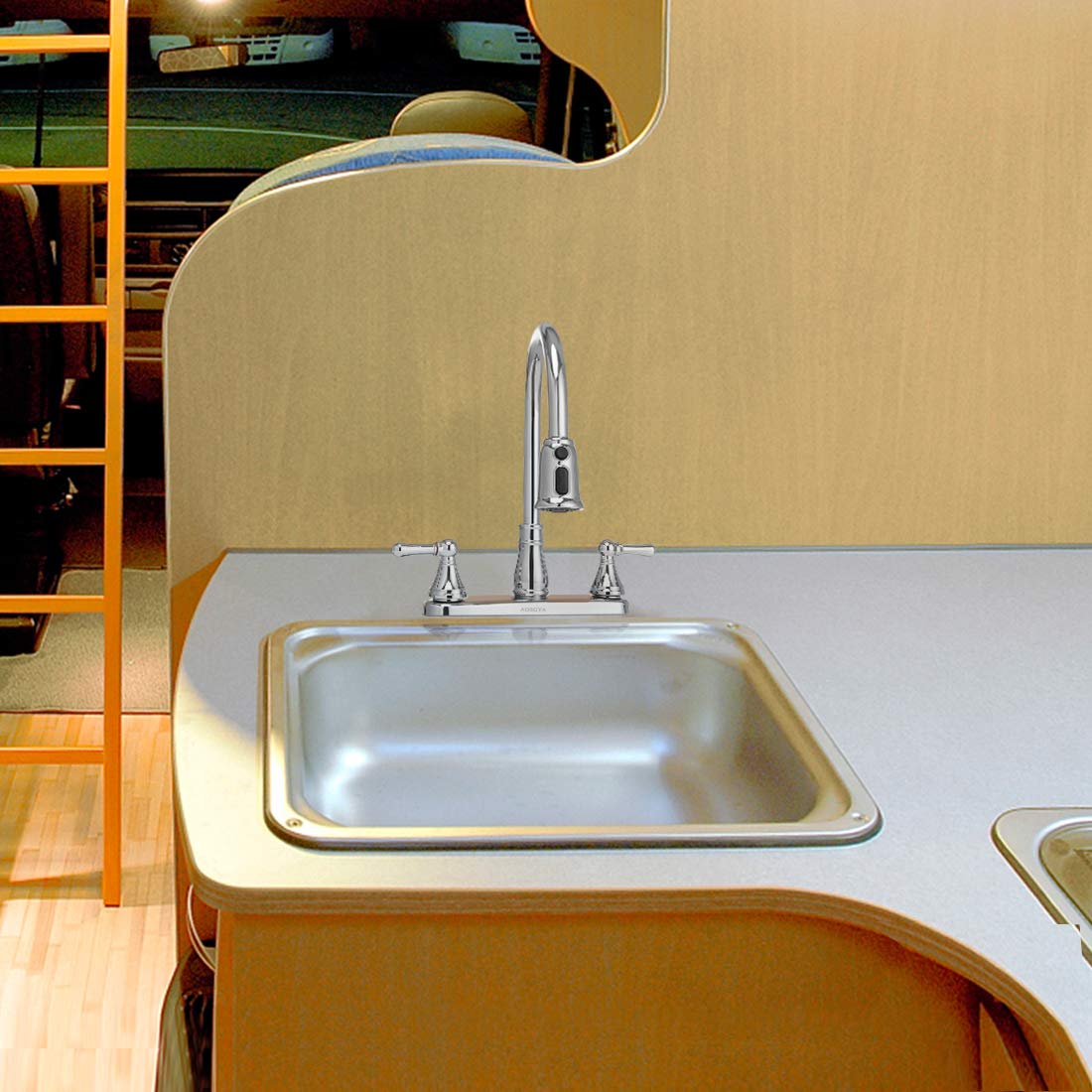Condition photo showing New/Like New for oymov rv kitchen faucet - non-metallic 8'' kitchen sink faucets with pull-down sprayer for rvs, fift