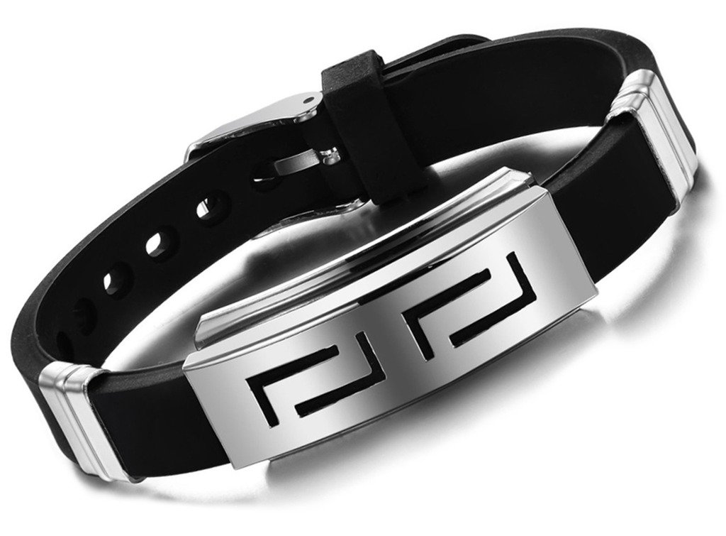 Yumilok Mens Labyrinth Maze Charm Bracelets Stainless Steel Silicone Cuff Bracelets Punk Rock Bangle Adjustable Wristband(Black Silver)
