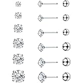 BLZ 6 Pairs 14K Cubic Zirconia Stud Earrings for Women Men 20G Screw Back Earrings 316L Stainless Steel Cartilage Earrings Hypoallergenic Men Earrings