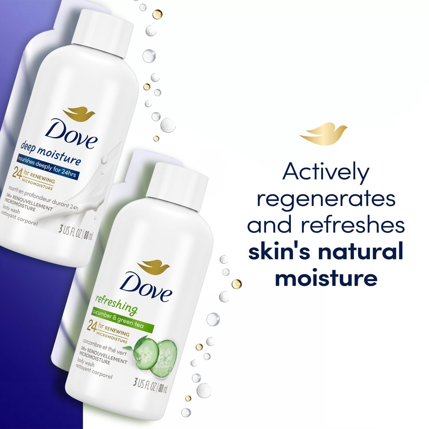 Dove Body Wash Travel Essentials Variety 2-Pack – Refreshing Cucumber & Green Tea + Deep Moisture Nourishing Body Washes, 3 Oz Ea
