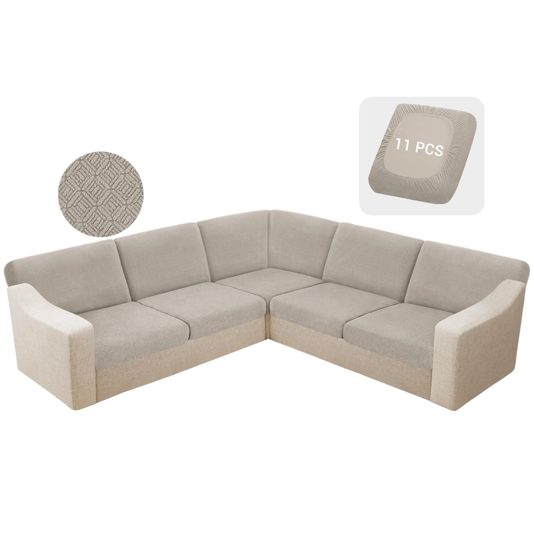 Photo 1 of HDCAXKJ Waterproof Sectional Couch Cushion Covers 11 Pieces Stretch Jacquard L Shaped Corner Sofa Slipcover Soft Sofa Seat Cushion Covers for Dogs Pet (5 Seater and 6 Backrest, Light Khaki)