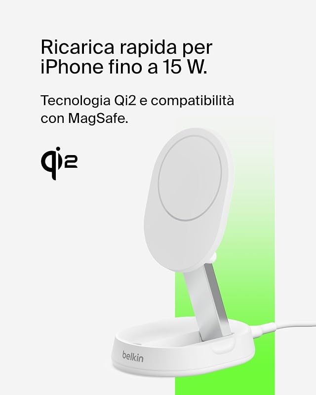 BoostCharge Pro Caricatore Magnetico Convertibile 15W, Caricabatterie Wireless Rapido Qi2 compatibile con MagSafe, per iPhone 17, Air, Pixelsnap, AirPods, alimentatore da 20 W incluso - Bianco