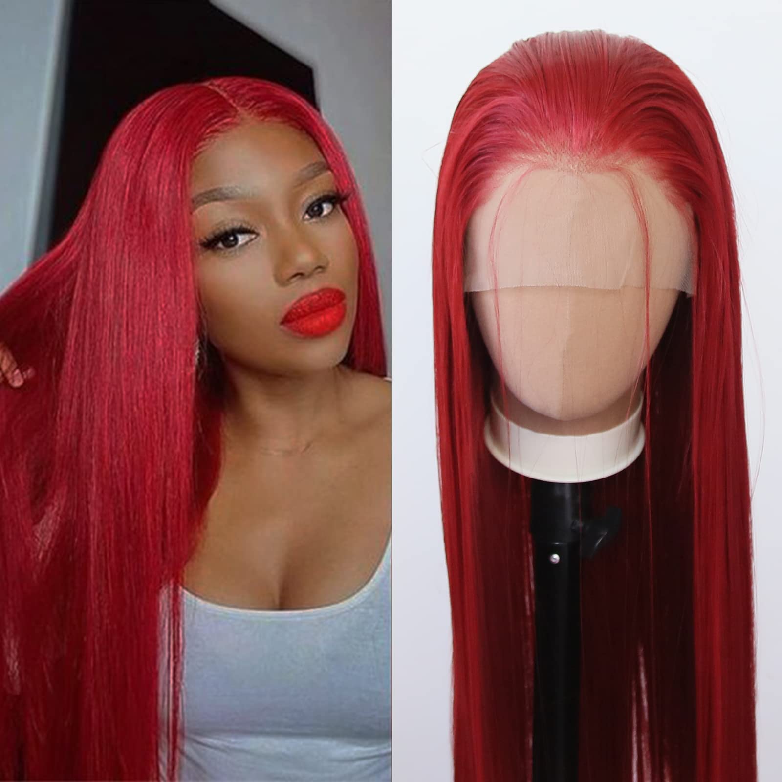 Towarm Red Wig Long Straight Dark Red Synthetic Lace Front Wigs Pre Plucked Natural Hairline with Baby Hair for Black Women Heat Resistant Fiber Hair Cosplay Daily Wear Wig (Red) — image 1