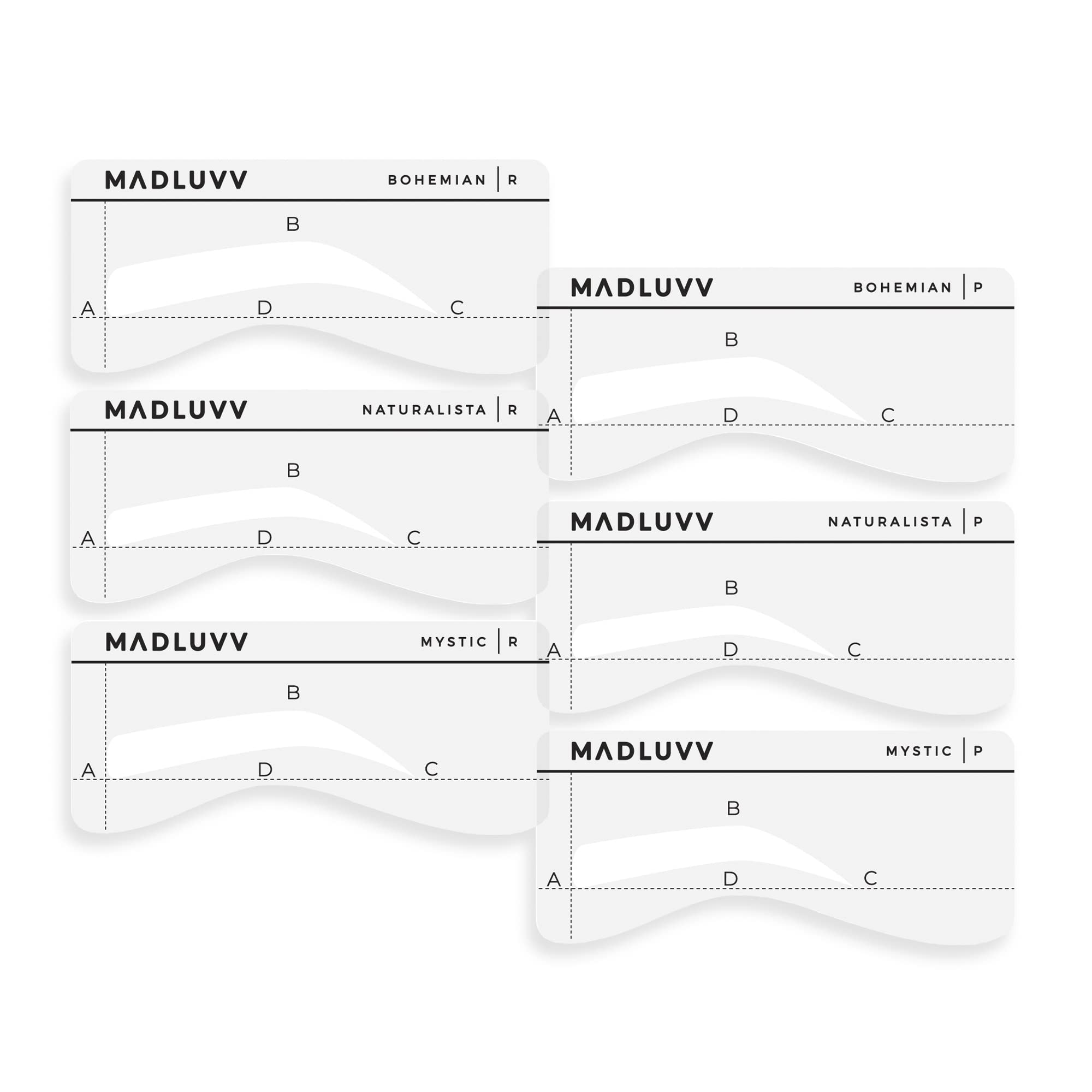 MADLUVV Best Eyebrow Shaping Stencil Kit, Set Of 6 Plastic Reusable Stencils For Semi Permanent Microblading Tattoo & Makeup Artists (Low Profile)