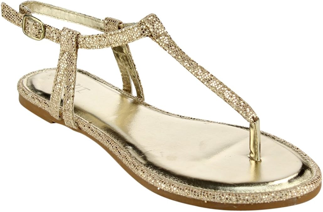 Amazon.com | Mixit Women's Buckle T-Strap Glitter Flat Thong Sandals Gold Size 8 | Flats