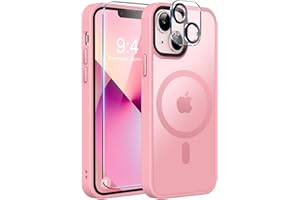 MOCCA Strong Magnetic for iPhone 13 Case, [Compatible with Magsafe][Screen Protector+Camera Lens Protector] Translucent Matte Back Slim Shockproof Case for iPhone 13 Phone Case 6.1", Pink