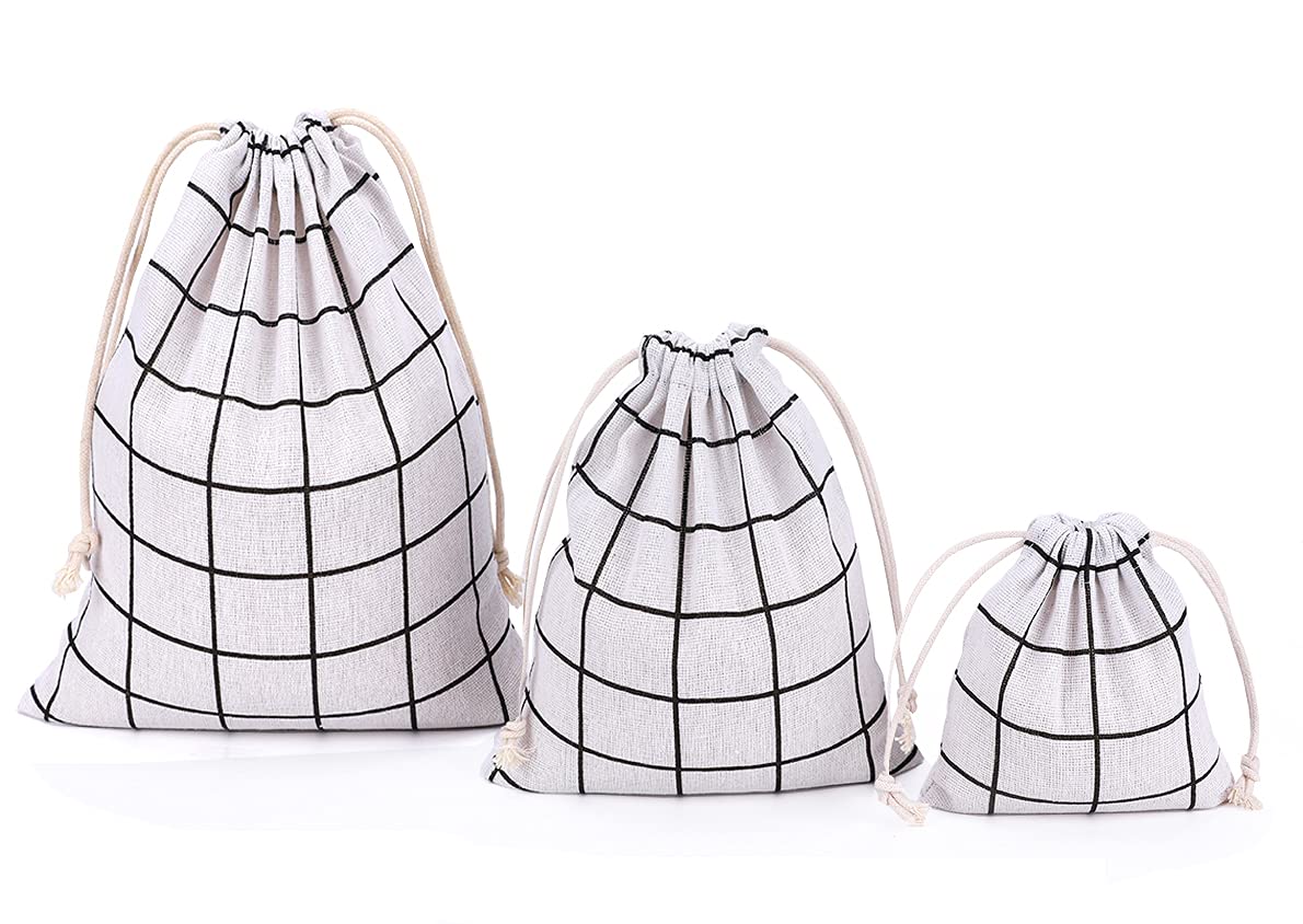 Amoyie 3 pcs Drawstring Storage Bag Set for Cosmetic Travel Stuff Home Accessories White Tartan — image 1