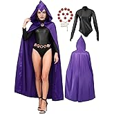 brableewear Women Halloween Costume Raven Cosplay Set Purple Hooded Cloak Cape with Red Gem Waist Belt
