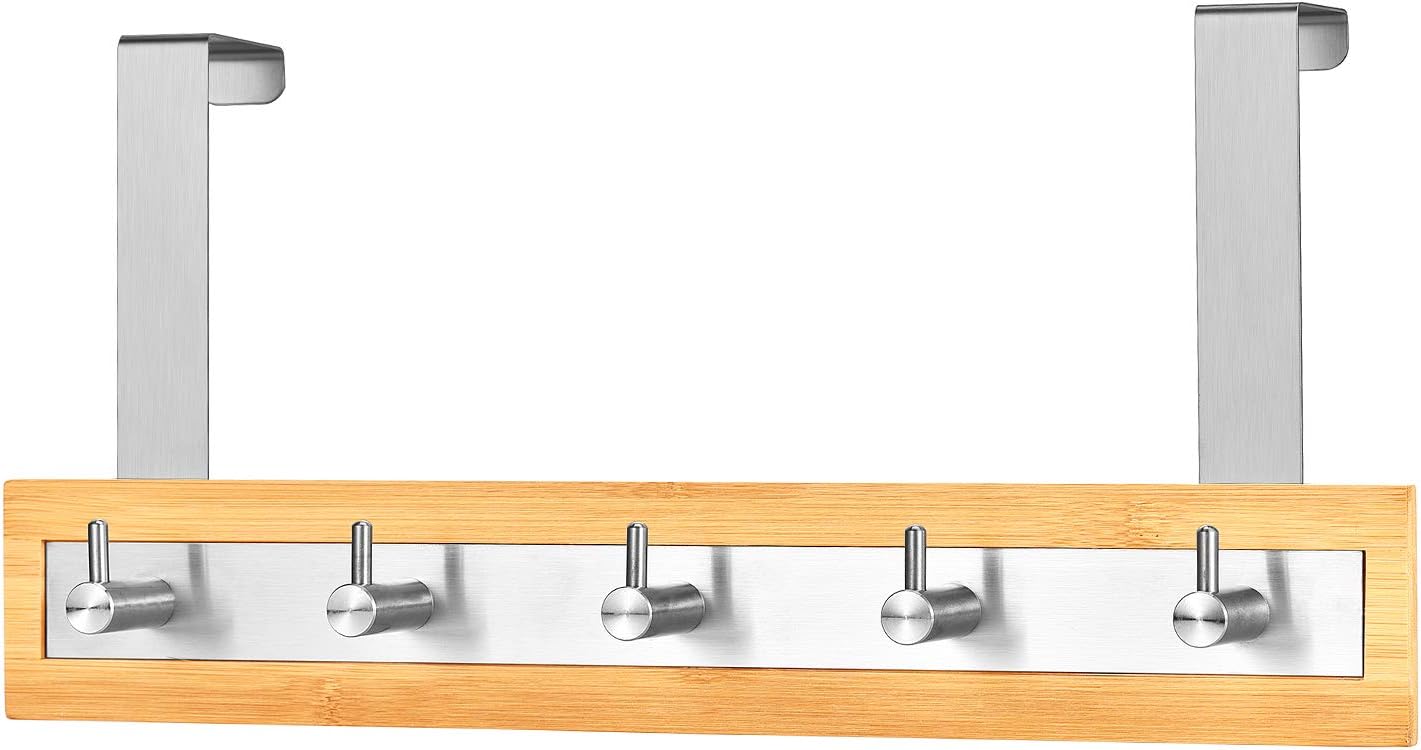 ToiletTree Products Bamboo Wood & Stainless Steel Over The Door Towel Rack, 5 Hooks: Kitchen & Dining