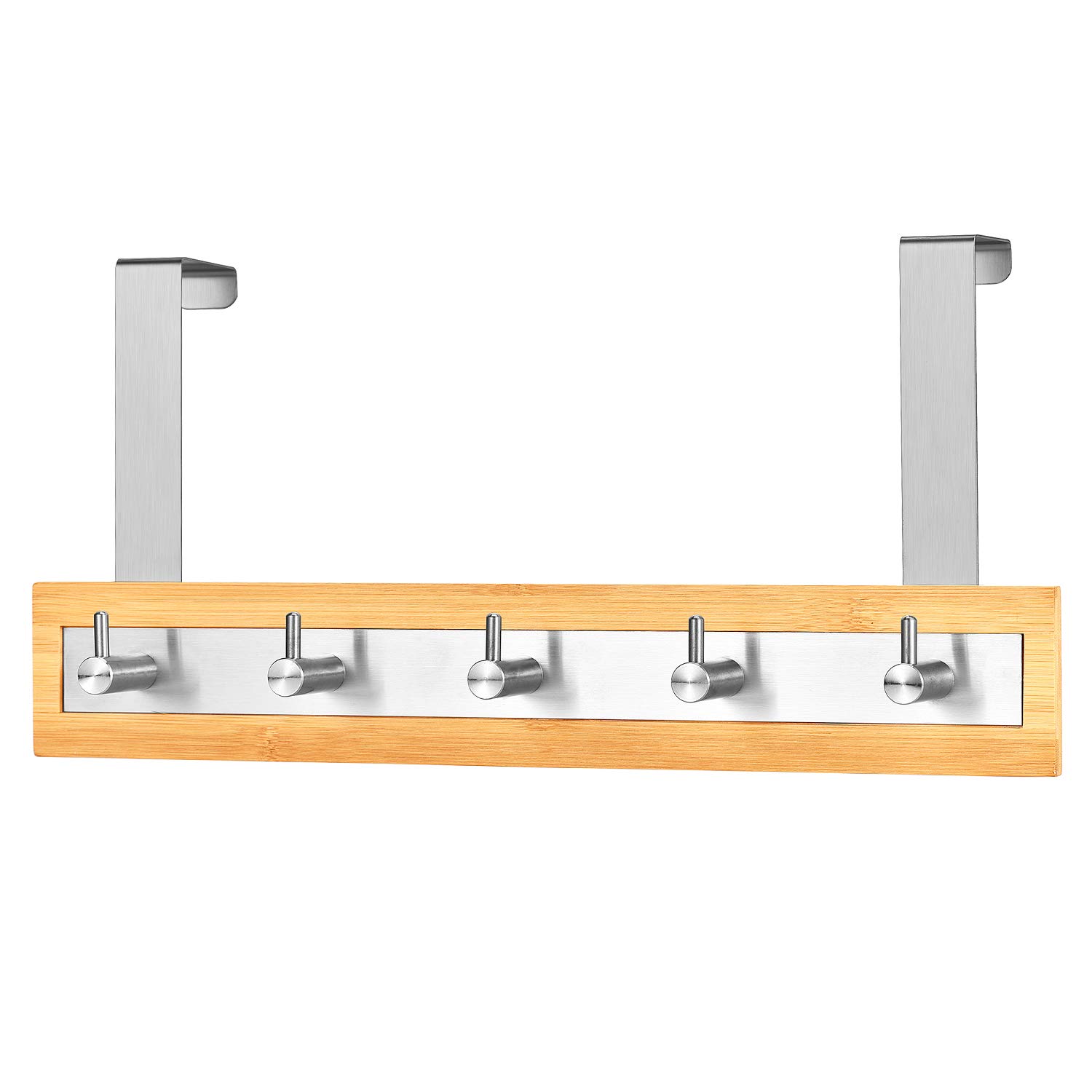 ToiletTree Products Bamboo Wood & Stainless Steel Over the Door Towel Rack, 5 Hooks