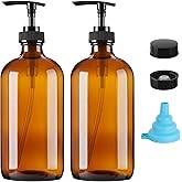 Vitreaux 16oz Amber Glass Soap Dispenser, 2 Pack Refillable Hand Soap Dispenser with Leak-Proof Pump, Brown Glass Bottle for Kitchen & Bathroom,Dish Soap, Lotion, Shampoo, Conditioner, Body Wash