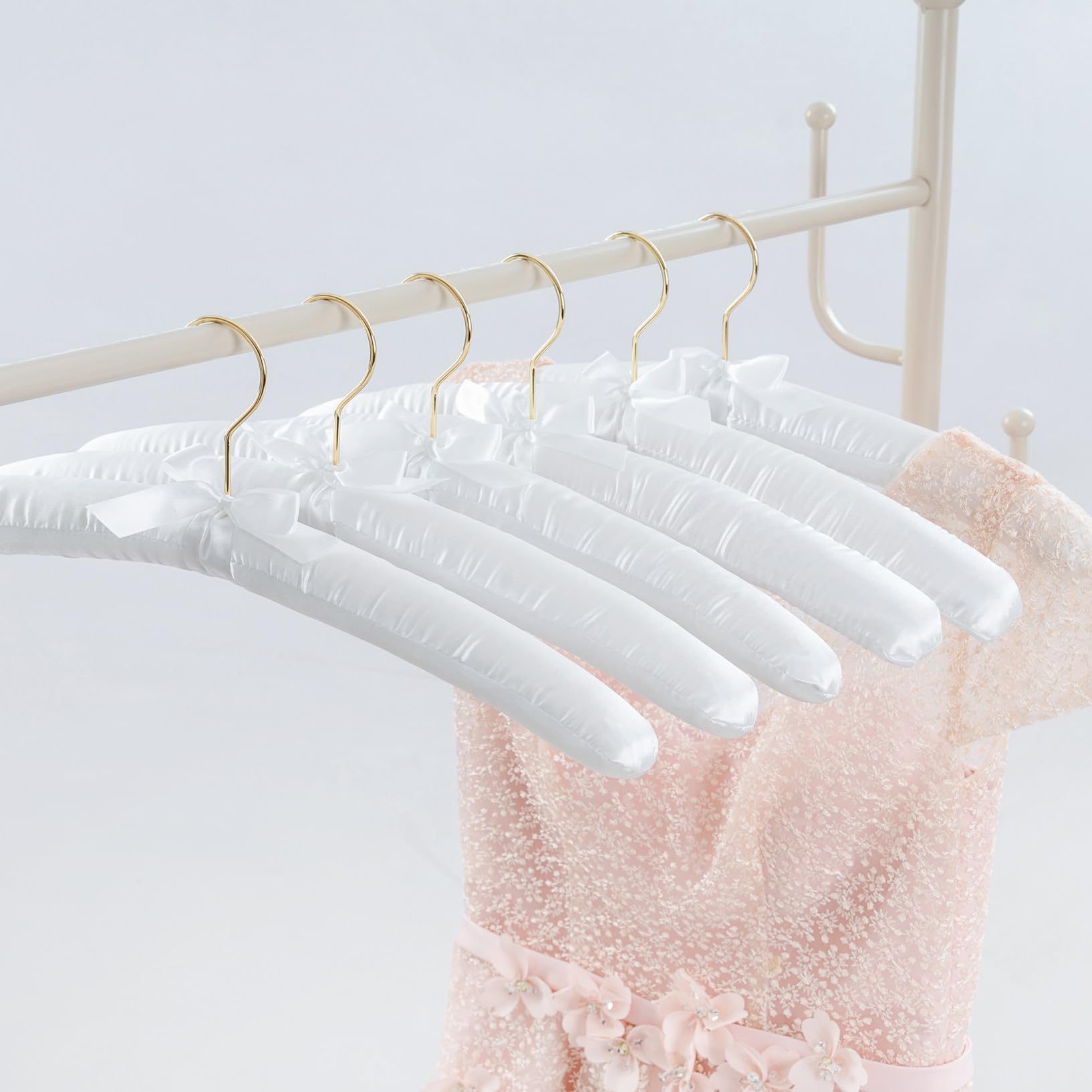 Photo 1 of *Missing 1* Cocomaya 17 Inch Pack of 4 White Extra Large Anti Slip Satin Padded Bridal Wedding Dress Hanger with Gold Hook No Bumps for Dress Coats, Sweaters (White Color/Gold Hook, 4)